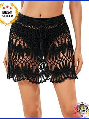 Crochet Beach Cover Up Skirt Tie Waist Sheer Boho Swimwear